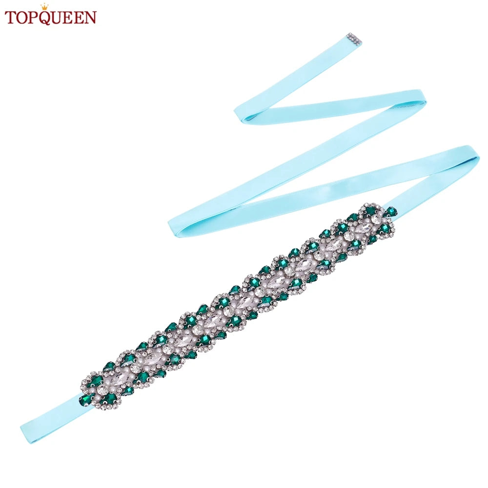 TOPQUEEN Luxury New Bridal Belt Wedding Supplies Dinner Dress Waist Decoration Green Bridesmaid Sash Accessories S466-D