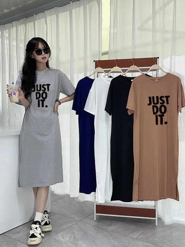 Korean version short sleeved t-shirt dress summer clothing fashionable and minimalist long dress casual knee length dress D42B