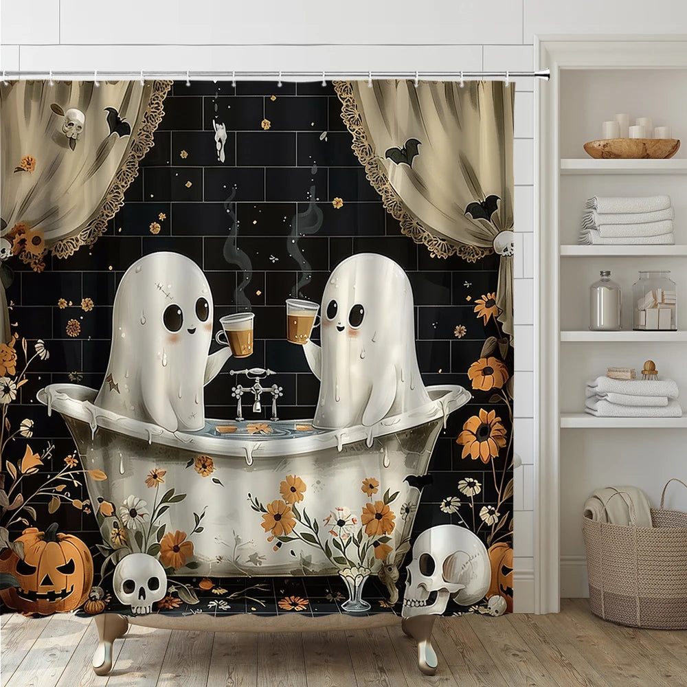 Funny Ghost Shower Curtain Set Halloween Skull Bat Flower Pumpkin Bath Screen Bathroom Mat Non Slip Rug Carpet Toilet Cover Home improvement decortion