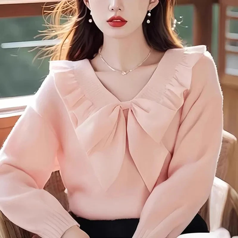 Spring Autumn Pink Sweater 2025 New V-Neck Loose Women's Clothes Pullover Top Fashion Falbala Bowknot Female Knitwear Blouse