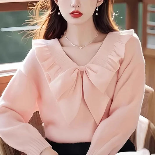 Spring Autumn Pink Sweater 2025 New V-Neck Loose Women's Clothes Pullover Top Fashion Falbala Bowknot Female Knitwear Blouse
