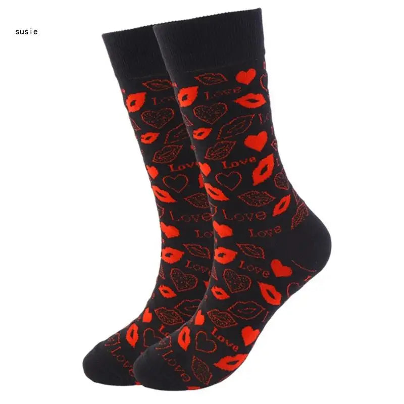 Cotton Middle Calf Socks for Him and Her Heart Lips Pattern for Valentines Day X7YA