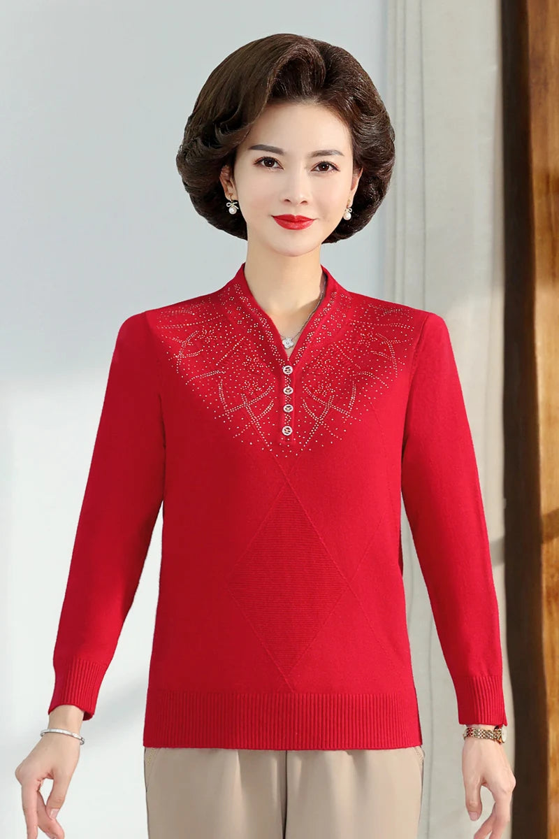 Middle-aged Women's Autumn Sweaters Pullovers V-neck JUmper Hot diamond Knitting Sweater Mother Dress Tops