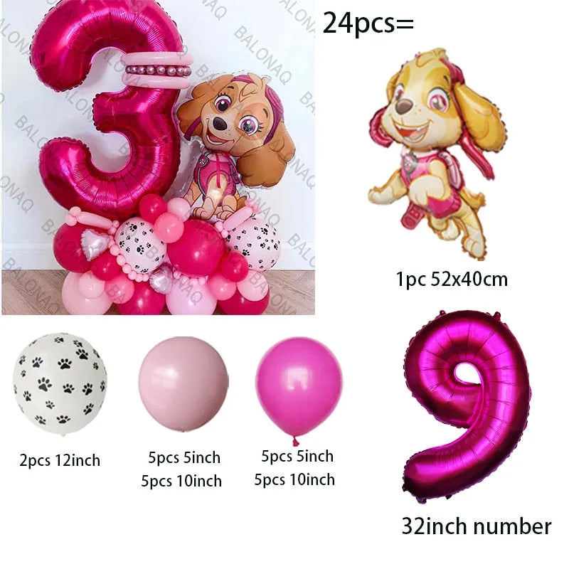 24pcs Pink PAW Patrol Skye Party Balloons Skye Number Foil Balloon Set Baby Shower Girls Birthday Party Decoration Kids Toy Gift