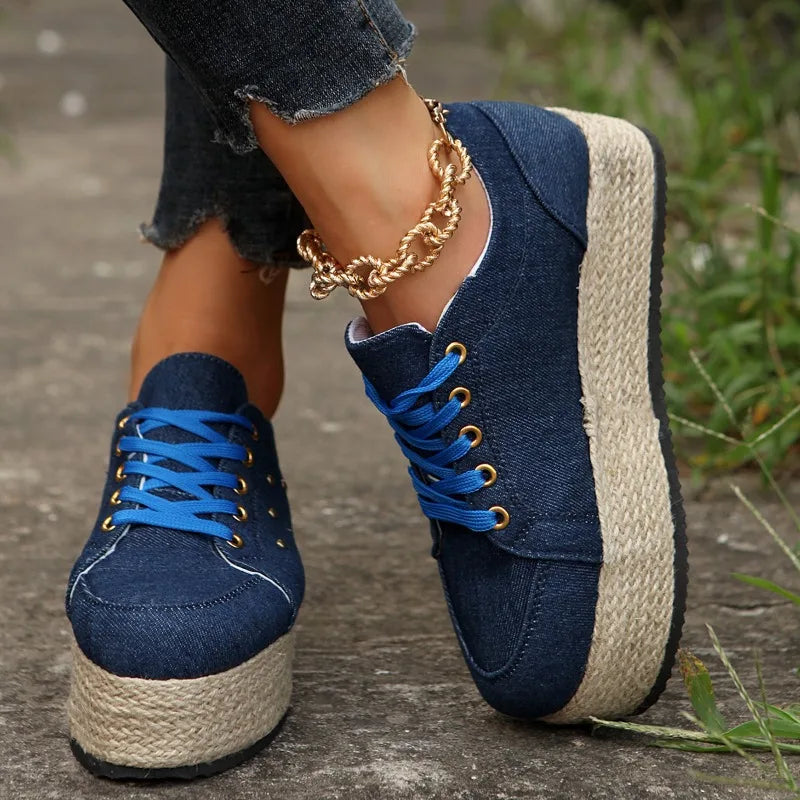 Women Casual Lace Up Shoes Round Toe Large Size Casual Footwear Women's Thick Soles Vulcanized Shoes  Canvas Sneakers