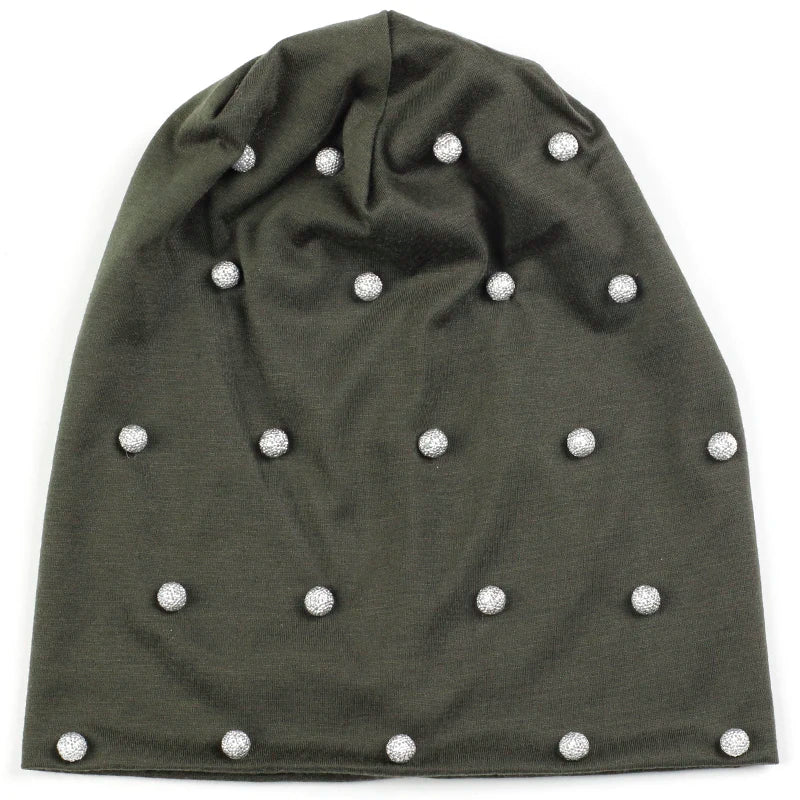 Geebro Women Spring Autumn Warm Soft Beanies Cotton Solid Color Fashion Skullies Hats With Silver Beads Accessories Caps Bonnet