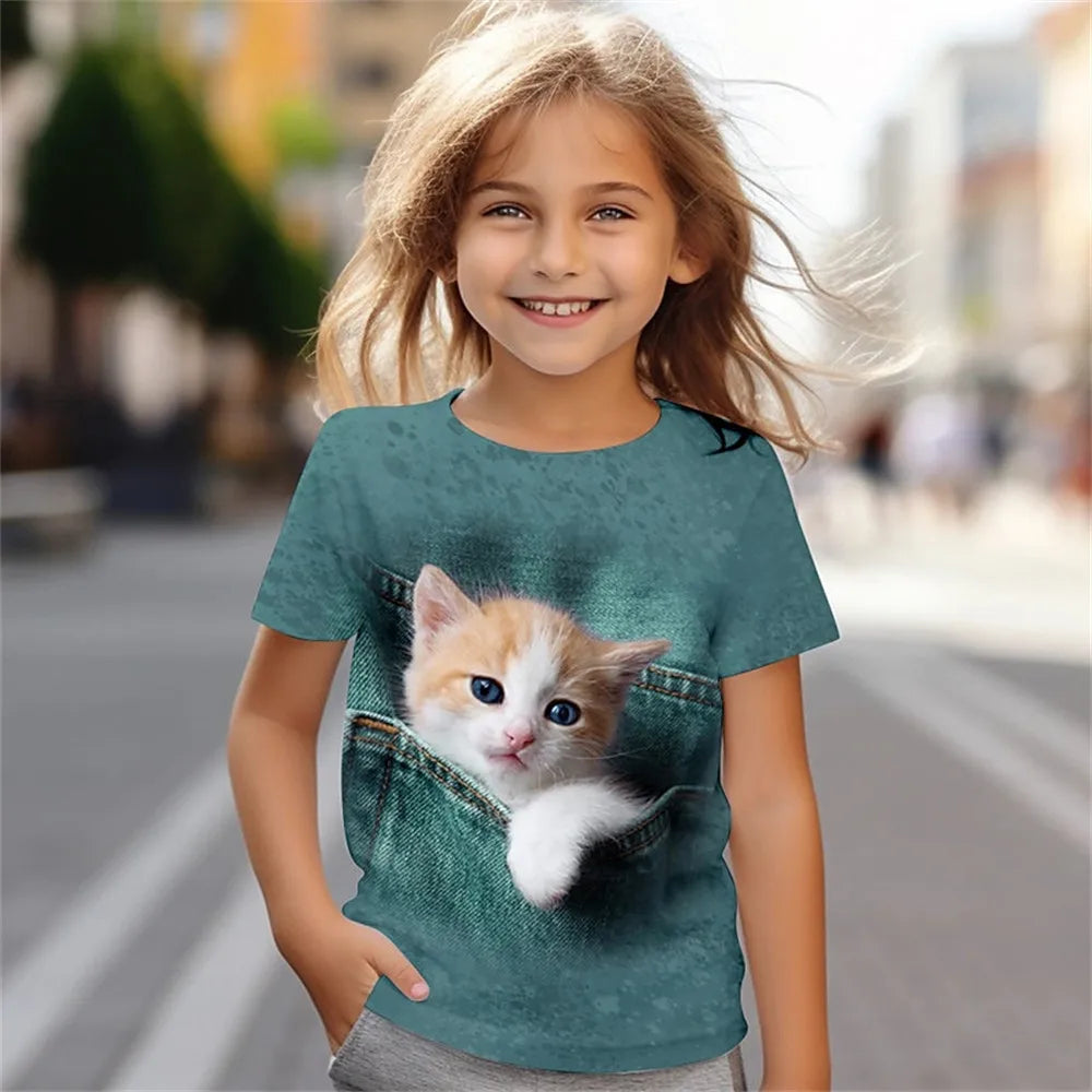 Kinderkleidung für Mädchen, T-Shirt mit 3D-Katzen-Print, kurzärmelig, Kinderkleidung, modische Kostüme für Mädchen, Top im Alter von 2 bis 12 Jahren 