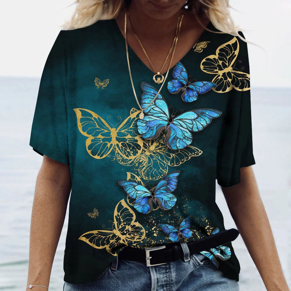 Butterfly Printed Women's T-Shirt clothes 3D V-Neck Cotton Fashion Short Sleeve Tops 2025 Casual Basic Girl's Clothing Harajuku Clothes