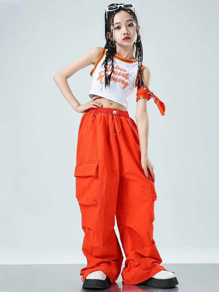 Children Jazz Dance Clothes Girls Summer Navel Vest Orange Pants Hip Hop Outfits Modern Kpop Performance Clothing Rave BL12850