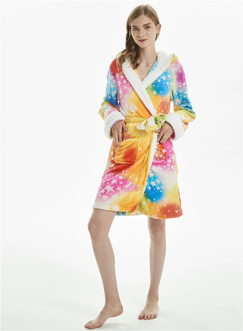 Flannel Bathrobe Starry Sky Rainbow Unicorn Sleepwear Pajamas For Adult Women Loungewear Halloween Costumes Oversized Nightgown