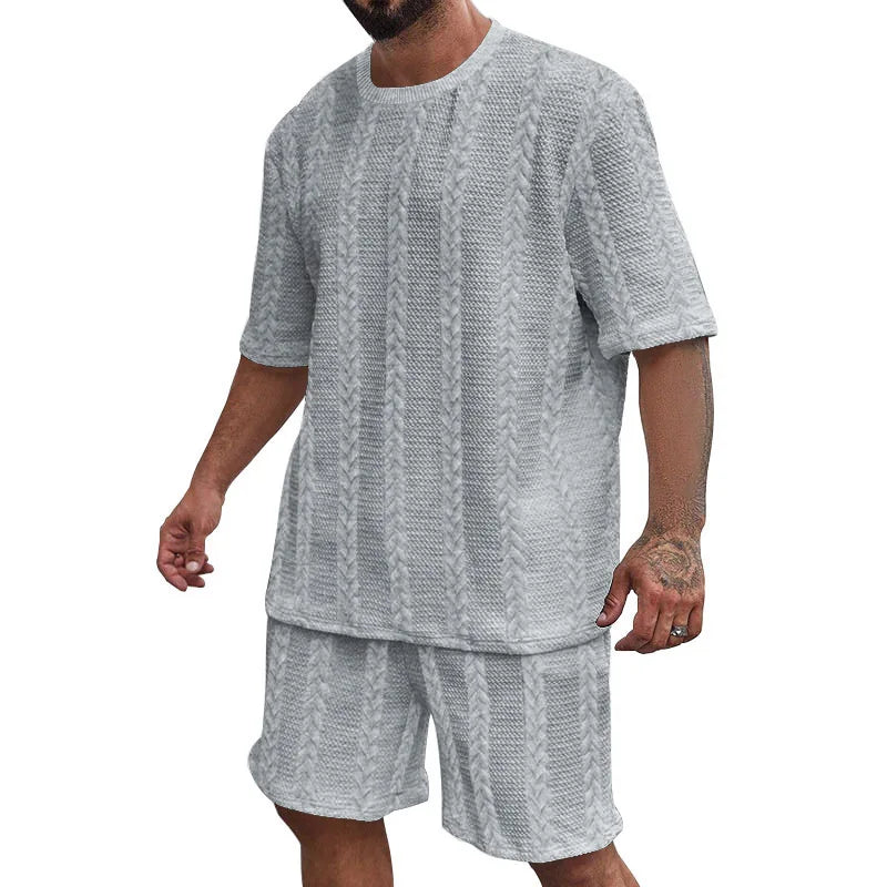 Fashion Summer Men‘s Casual 2-piece Set Streetwear Short Sleeve T Shirt + Shorts Harajuku Sportswear Knitted Tracksuit Clothing