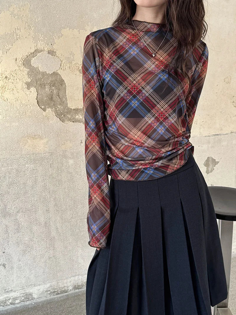Women Clothes American Style Plaid Mesh T-shirt 2025 Spring Design Spice Girls Pleated Slimming Fashionable Casual Top