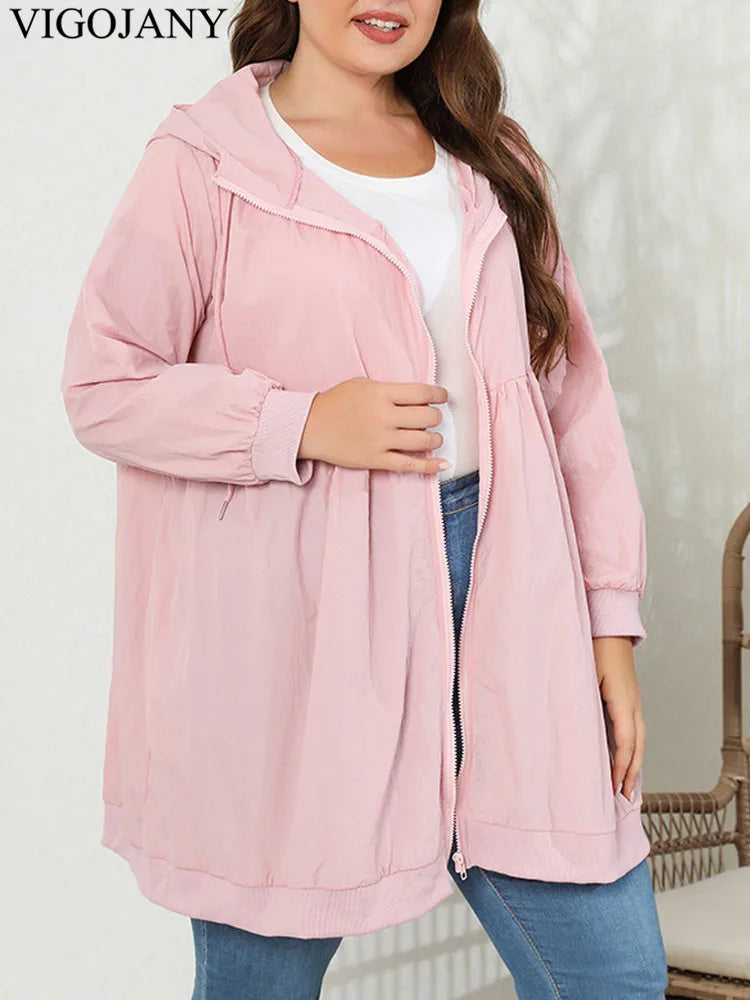 VigoJany 2025 Spring Autumn Solid Plus Size Coat Women Casual Large Long Sleeve Jacket Outwear Lady Chubby Zipper Curvy Clothes