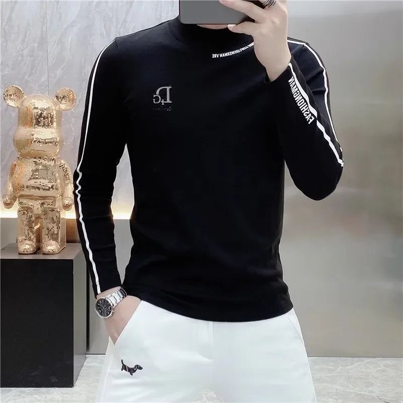 Luxury Embroidery Half High Collar Bottoming Shirt for Men Slim Fit Casual Long Sleeved T-shirts Social Sweatshirt Pullover