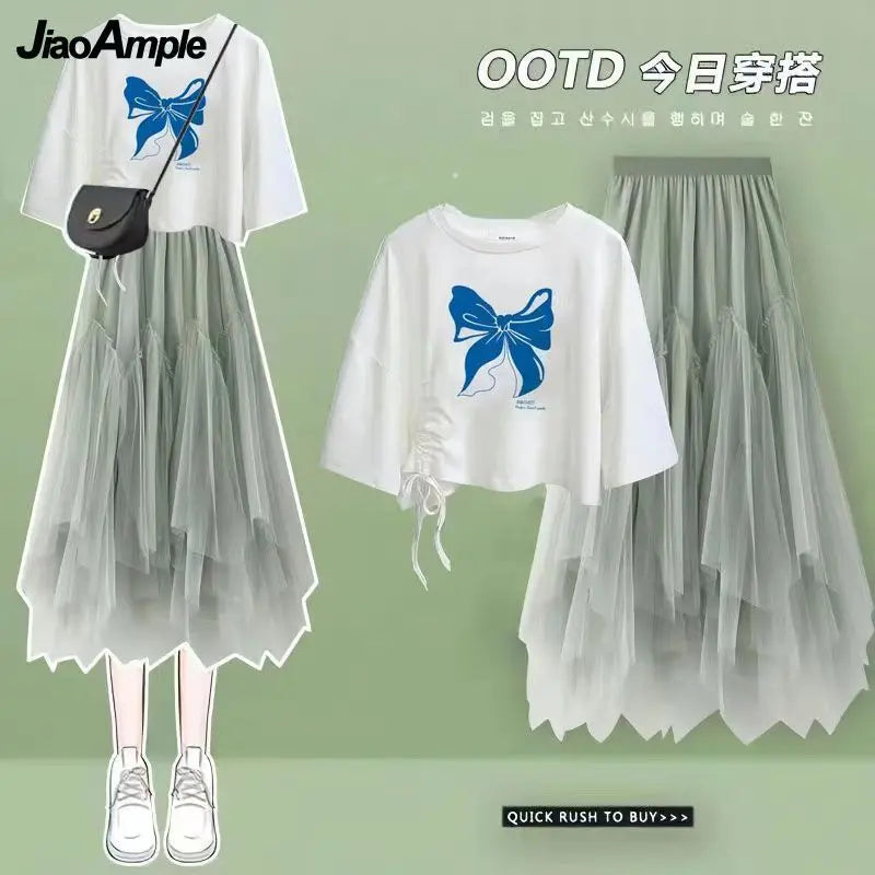 2024 Summer New Korean Elegant Cute Short Sleeved T-shirt+Mesh Midi Skirt Two Piece Suit Women's Loose Top Dress Matching Set