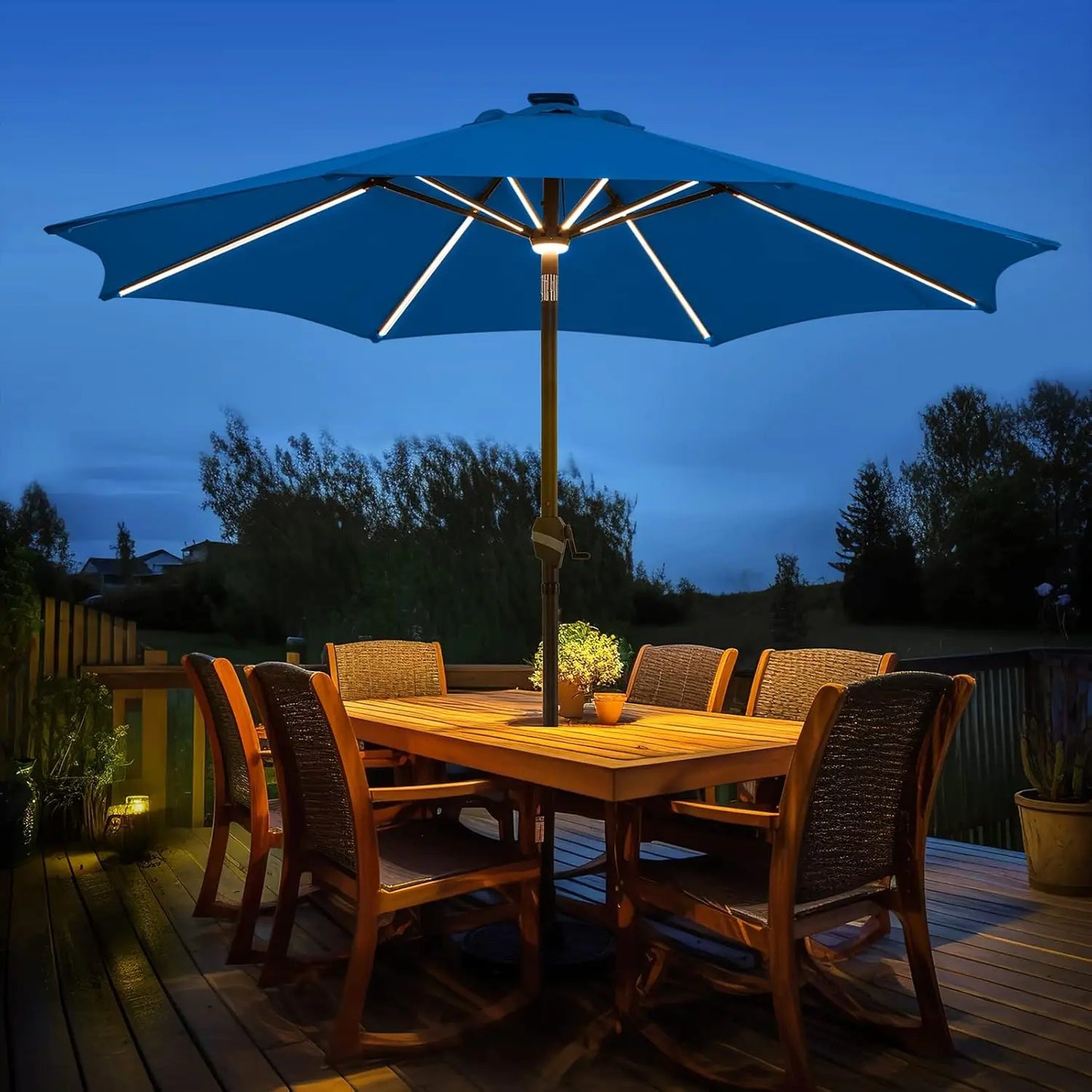 BLUU MAPLE 9 FT Solar-Terrassenschirm für den Außenbereich, LED-Tischschirme mit 16 LED-Lichtstreifen und Nabenlicht, Aluminiumrahmen 
