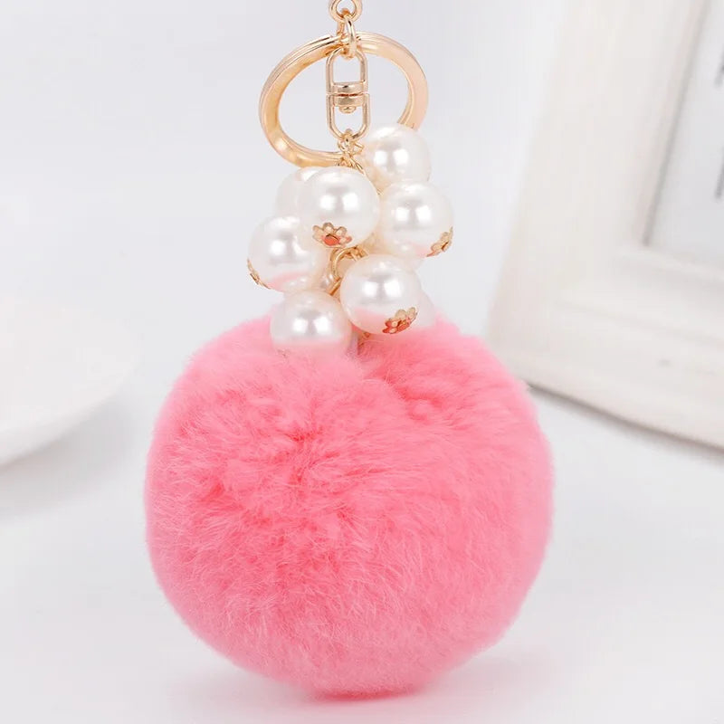 Car Women handBag Key Chain Fashion Pearl Chain Crystal Bottle Bow Pompom Keychain Fluffy Puff Ball Keychains Jewelry