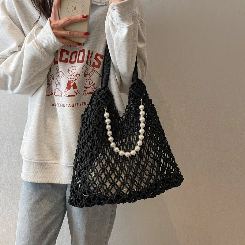 Straw Hobo Beach Bag Designer Luxury Bags Woman 2025 Pearl Purse Woven Tote Handbag Summer Vintage Foldable Handbag for Travel
