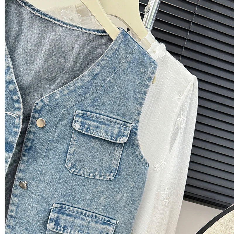 Spring Autumn V-neck Denim Vest Coat Women Korean Style School Ladies Petite Girls Cute Cover-Up Tank Top Jacket