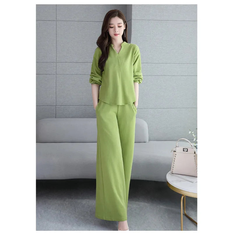 Women's Suits 2021 Spring Autumn New Fashion Korean Style Loose Tops Wide Leg Pant Two Piece Set Women Plus Size Clothing Ladies