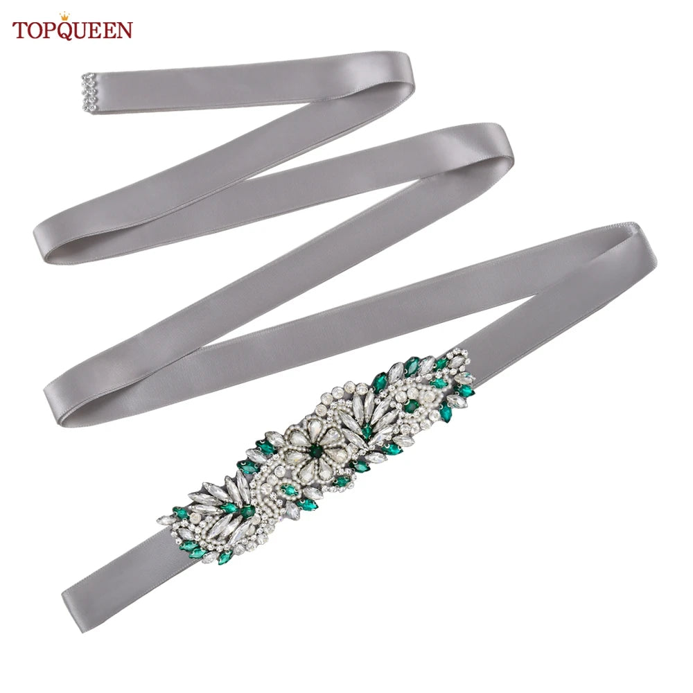 TOPQUEEN S22 Bride Rhinestone Belt Shiny Wedding Accessories Party Woman Emerald Belts Jewelry Wedding Dress Decoration Sash