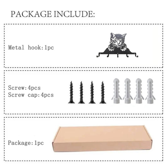 Cute Kawaii Metal Key Holder Black Key Hooks Wall Mount Hanger Decor Hanging Organizer Rack Decorative with 5 Hooks Cat Pattern