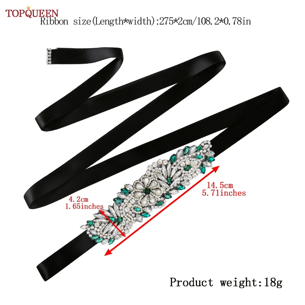TOPQUEEN S22 Bride Rhinestone Belt Shiny Wedding Accessories Party Woman Emerald Belts Jewelry Wedding Dress Decoration Sash