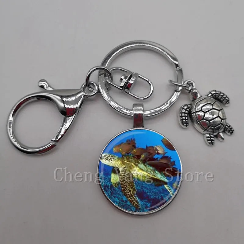 Marine life jewelry turtle dolphin shell keychain key ring glass convex round keychain charm turtle pendant Christmas gift