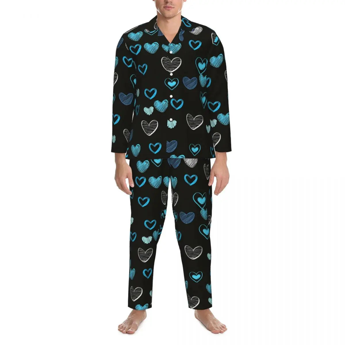 Valentine Hearts Pajama Sets Black and Red Cute Sleepwear Men Long Sleeve Retro Daily Two Piece Nightwear Plus Size