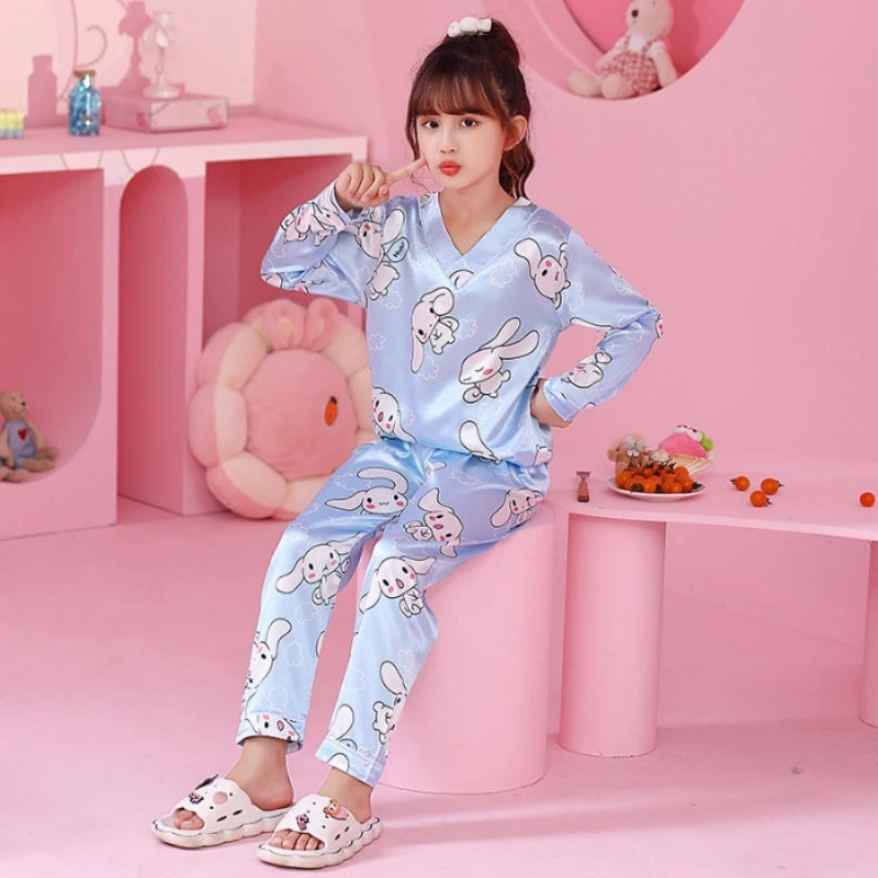 Ice Silk Long-sleeved Trousers Loose and Thin Simulated Silk Home Clothes Pajama Pyjamas Sleepwear Robe Children's Clothing Kids
