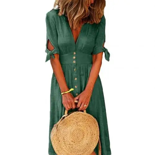 Yellow Dresses Women Fashion Solid Color Deep V Neck Tied Half Sleeve Button Party Long Dress Women's Clothing Dress платье
