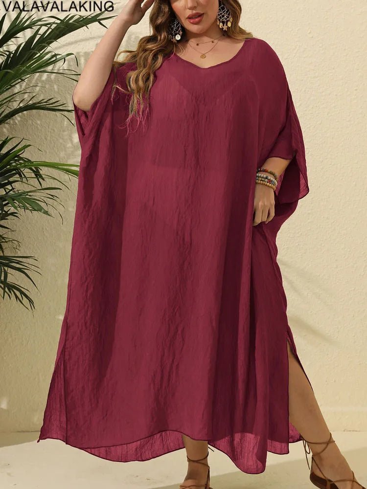 2025 Women Short Sleeve Plus Size Cove Up Solid Large Big Tunic Lady Chubby Beach Long Dress Brazilian Curvy Swimsuit Cover-Ups