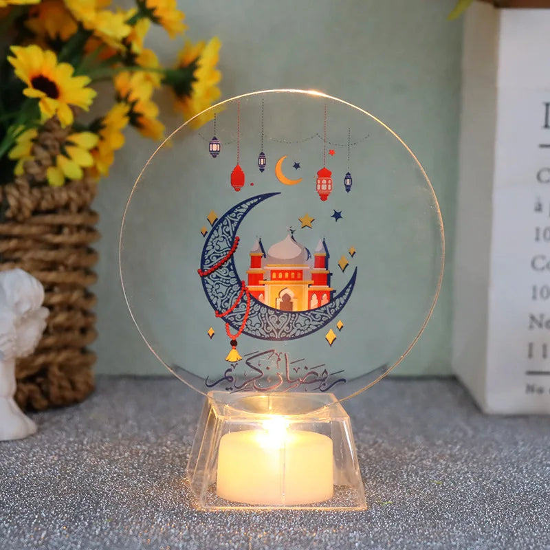 Eid al-Fitr Moon with Base Light Plate Ramadan Mubarak LED Light Holiday Gifts Home Decorative Lights LED Electronic Candle