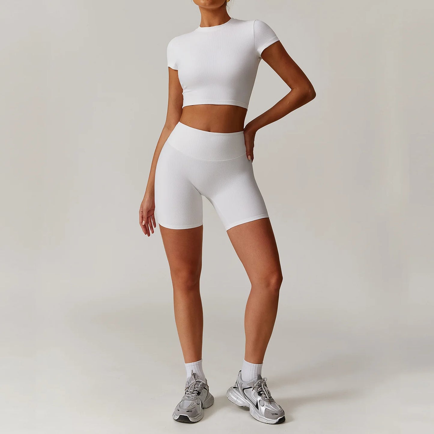 White 2PCS Women Yoga Set Workout Tracksuits Sportswear Gym Clothing Fitness Long Sleeve Jacket Waist Leggings Sports Suit