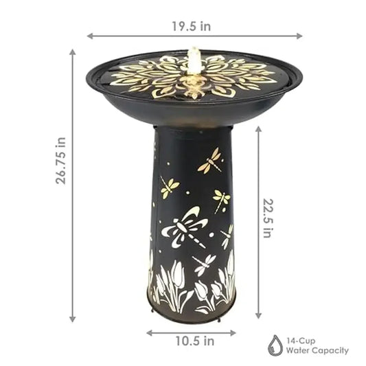 Dragonfly Design Outdoor Bird Bath Fountain with LED Lights 26.75-Inch Height Garden Accent Submersible Electric Pump Iron