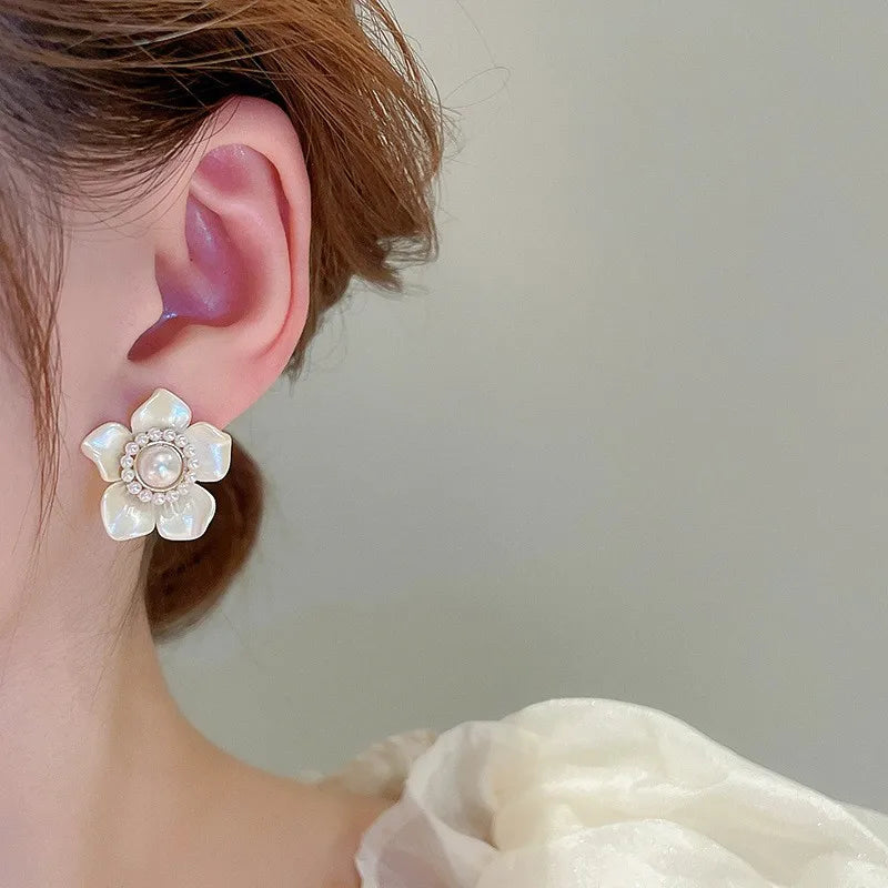 925 Silver Needle Korean Vintage Oil Painting Pearl Flower Earrings For Women Jewelry 2024 Trending New Luxury Women's Earrings