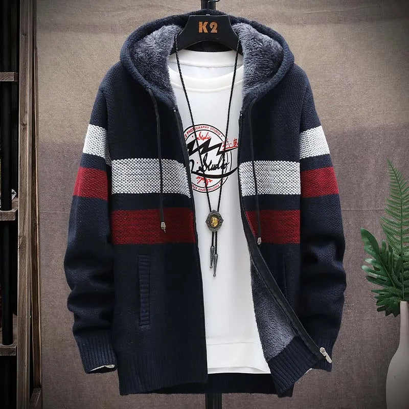 Men's Striped Sweater Coat Thick Fleece Warm Zipper Wool Hooded Cardigan Jumpers Men Long Sleeve Knitted Sweaters