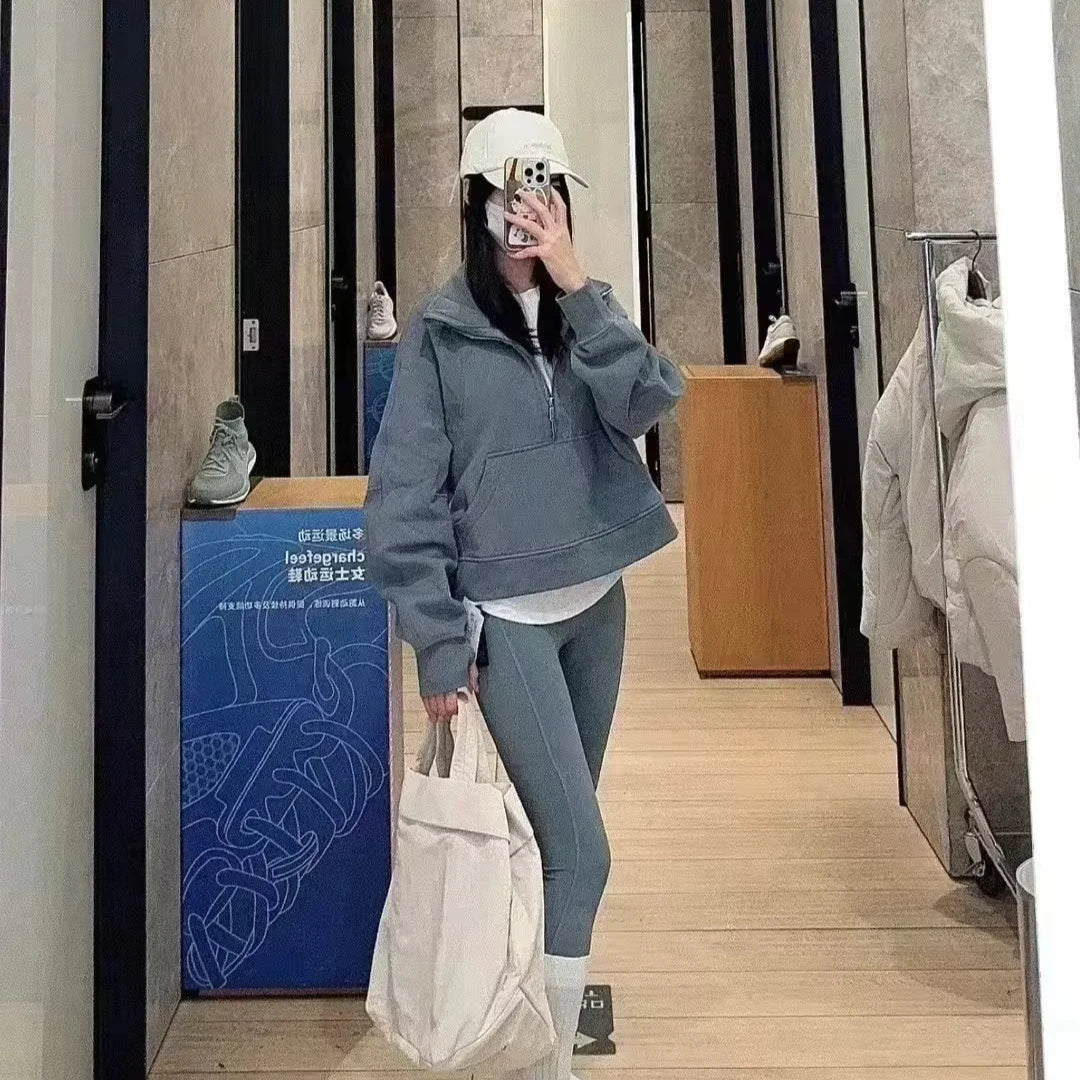 Lemon Women Sportswear Jacket Half Zip Long Sleeve Loose Warm Scuba Sweatshirts Gym Workout Clothes Sport and Leisure Yoga Coat