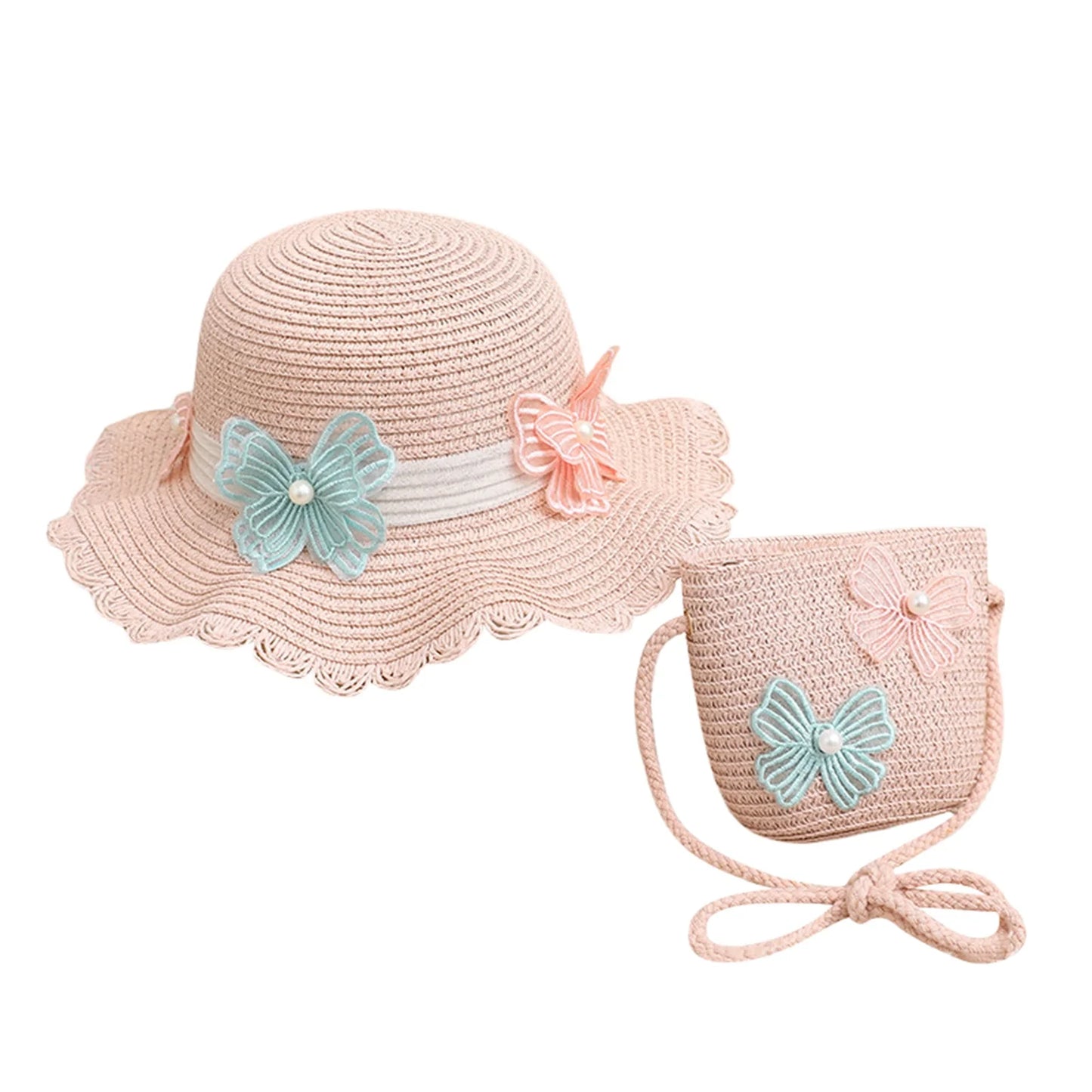 2pcs Set Girls Summer Straw Sun Hat Kids Summer Protection Wide Brim Reversible Bow Hats with Crossbody Bag Outdoor Acceessories