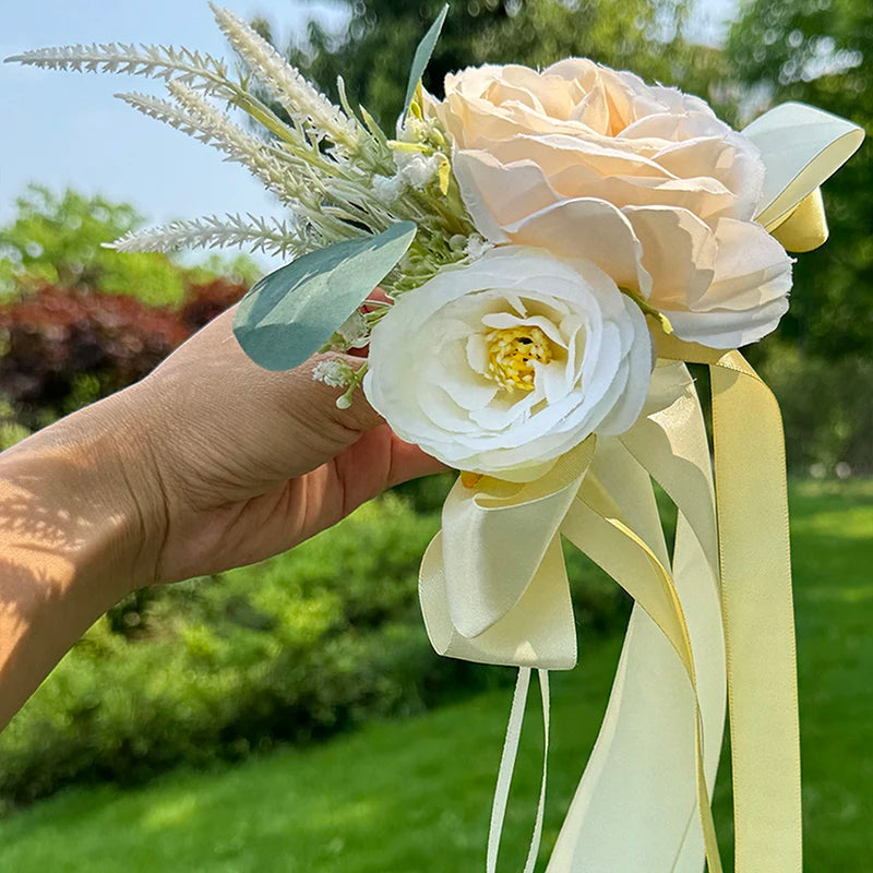 1PC  Wedding Decoration Set Wedding Car Flower Silk Rose Chair Back Flowers Plate Ribbon Bows Set Door Handle Ornament Supplies