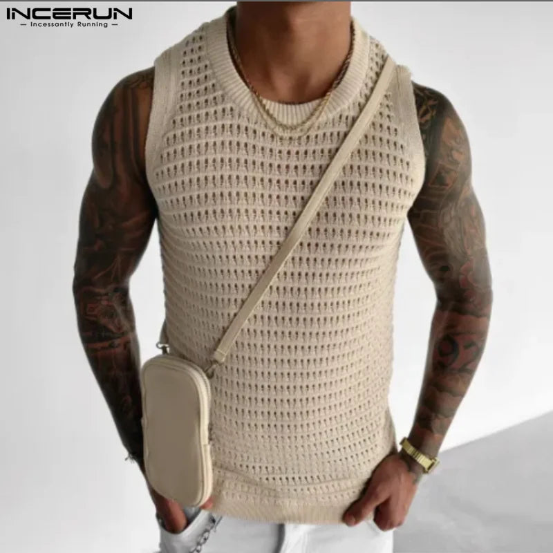 INCERUN Men Tank Tops Mesh Hollow Out See Through Solid Vests Summer Streetwear 2024 Fitness Fashion Casual Men Clothing S-5XL