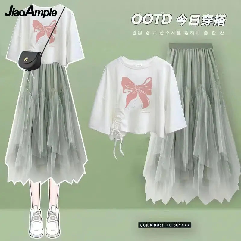 2024 Summer New Korean Elegant Cute Short Sleeved T-shirt+Mesh Midi Skirt Two Piece Suit Women's Loose Top Dress Matching Set
