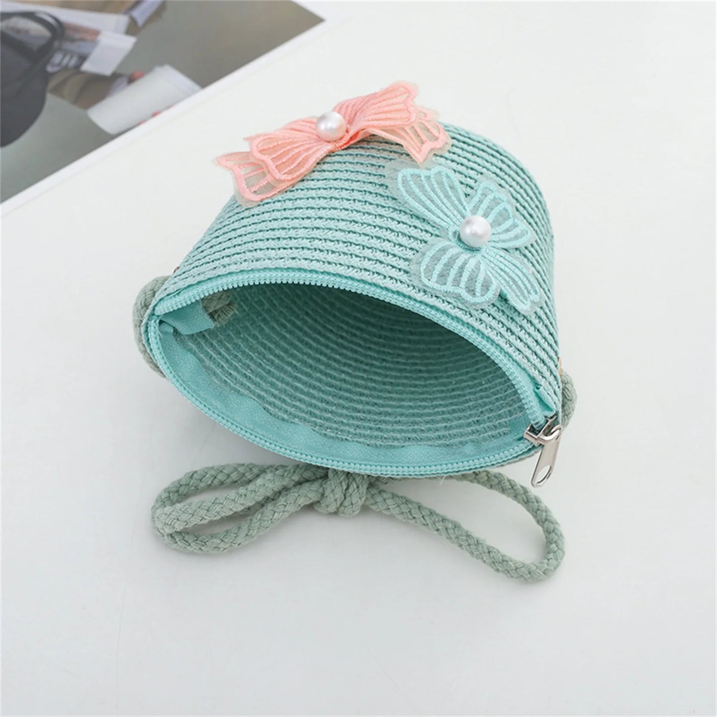 2pcs Set Girls Summer Straw Sun Hat Kids Summer Protection Wide Brim Reversible Bow Hats with Crossbody Bag Outdoor Acceessories