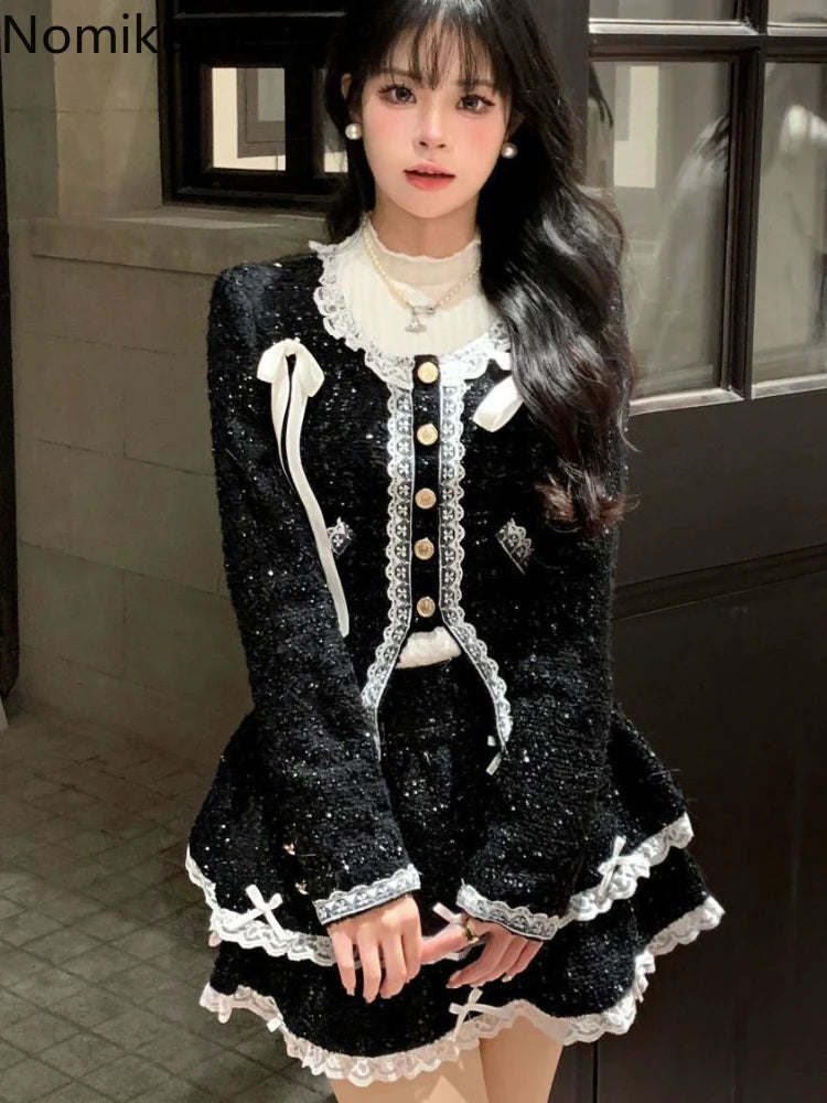 Skirt Outfits Chic Korean Two Piece Set Women Clothing Long Sleeve Tunic Coat A-line High Waist Skirts Suit Lace Bow Sweet Sets