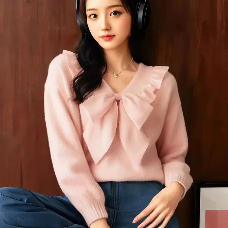 Spring Autumn Pink Sweater 2025 New V-Neck Loose Women's Clothes Pullover Top Fashion Falbala Bowknot Female Knitwear Blouse
