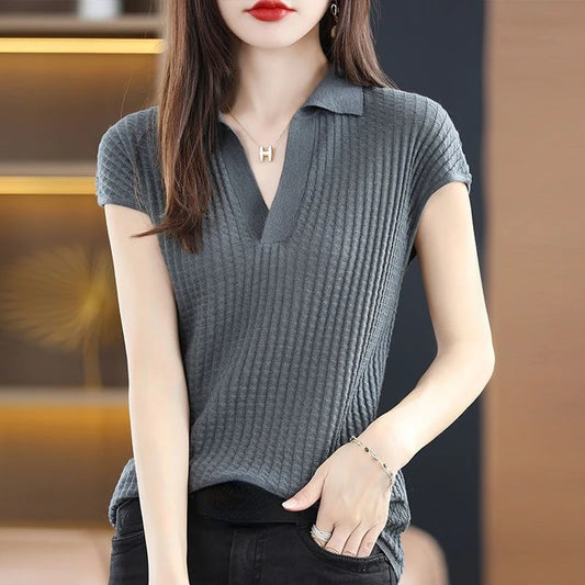 T Shirt Youth Top Petite Knitted Wholesale Ladies Polo Neck Tee Shirts Korean Pullover Luxury High Quality Flower Good Xxl Black clothes