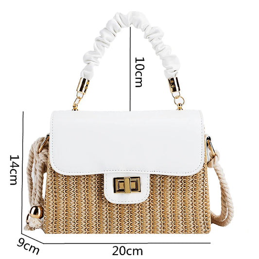 Straw Beach Bag for Women Summer Pleated Handle Luxury Designer Bag Contrast Color Crossbody Purse and Handbag Lady Bolsos