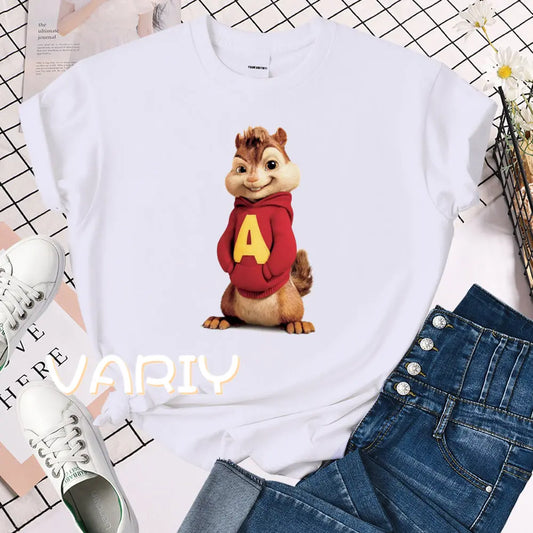 Female Alvin and the Chipmunks Printing O-neck Short Sleeve T-Shirt 2025 New Summer Trend Loose Top Tee Shirt Women Clothes