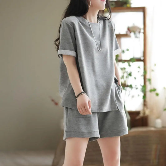 Casual Summer Top and Shorts Set for Women Tracksuit Two-piece Suit Female Sports Short Sleeve Wide Leg Solid Color Outfits