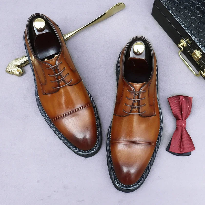 Retro Mens Dress Shoes Luxury Genuine Leather Platform 2025 British Trend Handmade Quality Comfortable Wedding Social Shoes Man